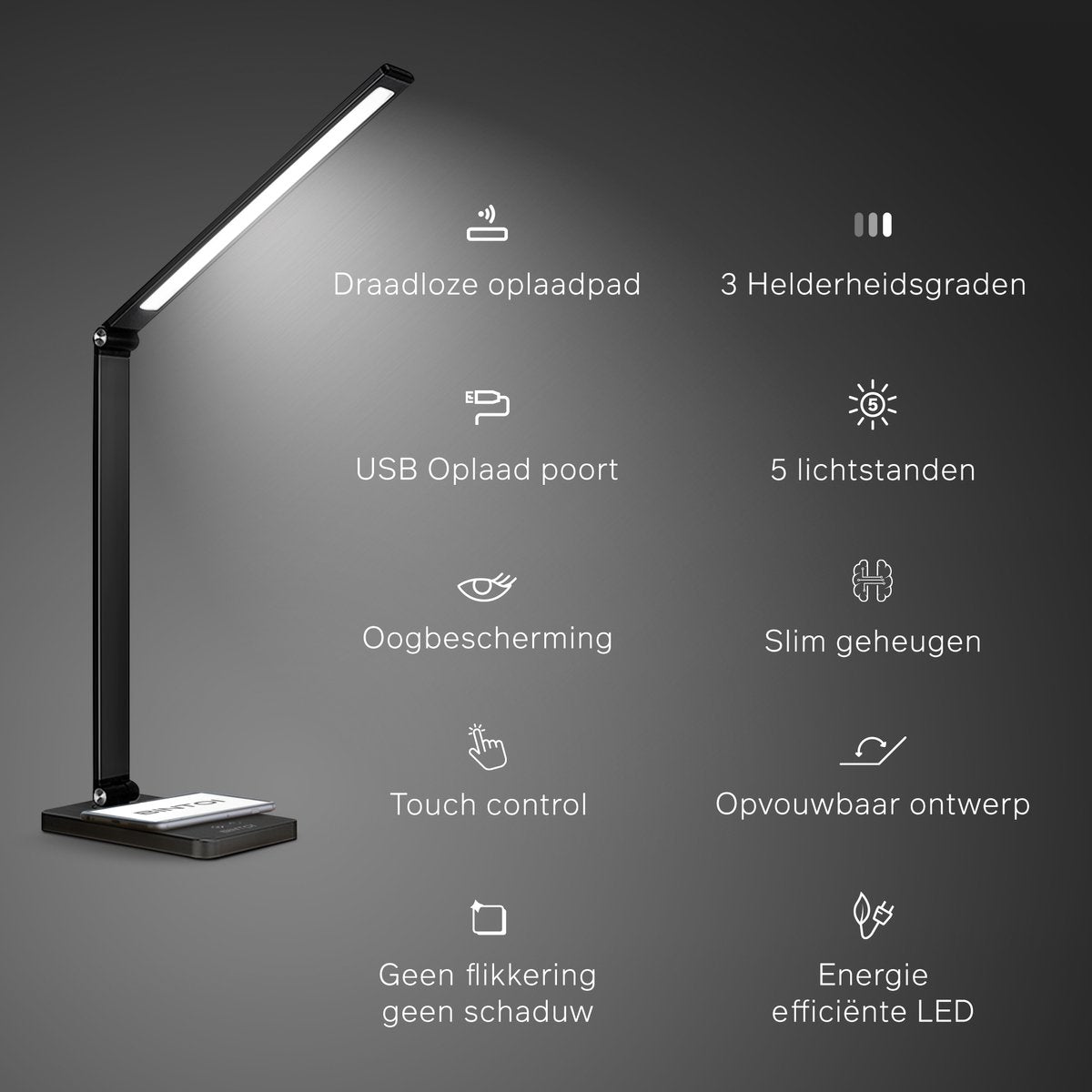 Bintoi® DL200 - Lampe de bureau LED - Lampe de lecture - Lampe de chevet - Touch Control - Dimmable - Lumière blanche et chaude