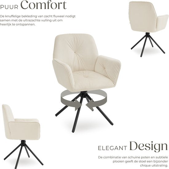 tectake® Chaise pivotante Lenia - Lot de 2 chaises pivotantes avec accoudoir - Chaise de salle à manger pivotante - Fauteuils pivotants - Tapissé - Velours aspect crème/noir
