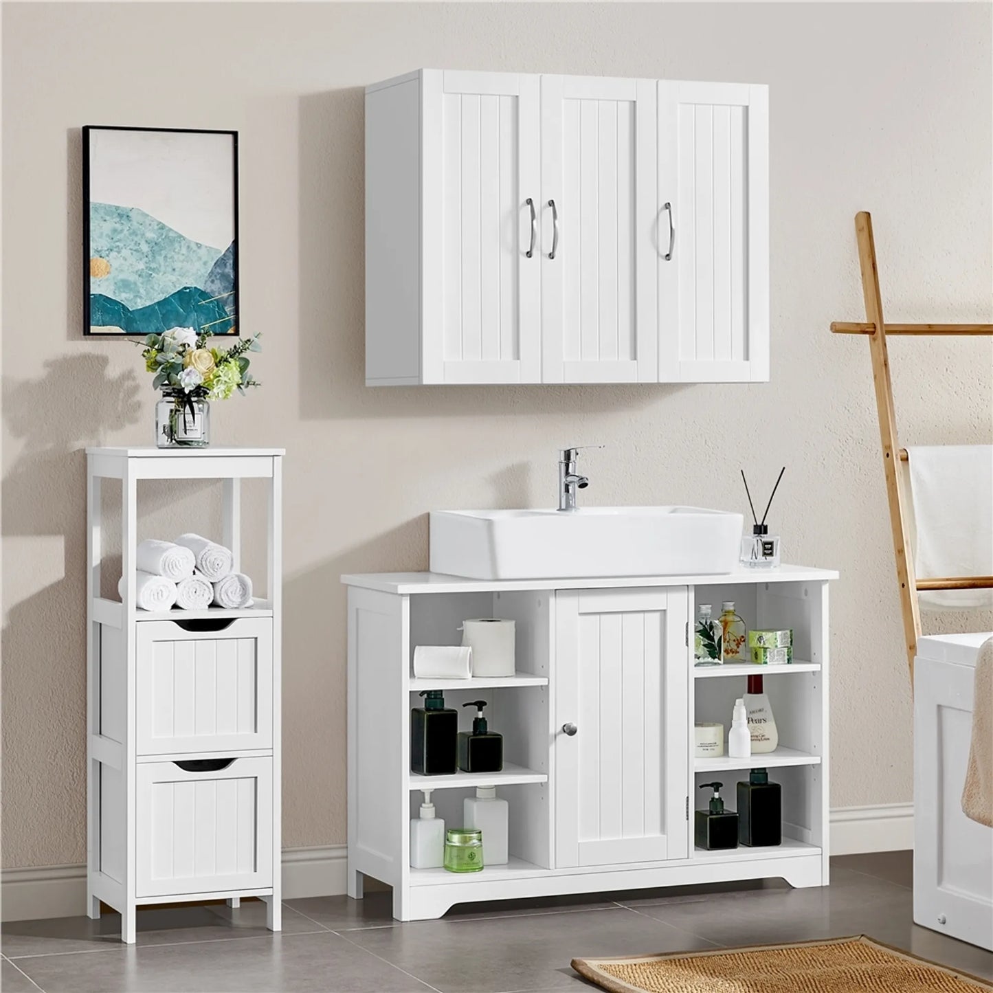 Yaheetech Meuble lavabo avec étagères réglables - équipé d'une niche pour siphon, de compartiments latéraux ouverts et d'une porte de placard - pour salle de bains et toilettes - Mdf blanc - 90 x 30 x 60 cm