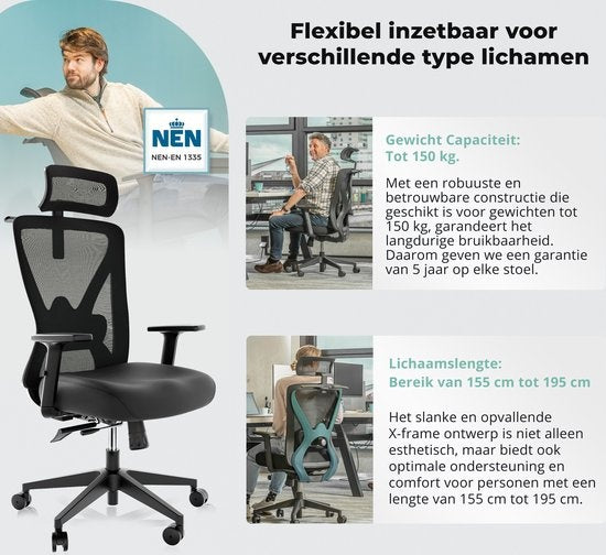 Backerz® Ergonomic Office Chair for Adults Fully Adjustable - NEN-EN1335 certified up to 150kg - Office Chair - Game Chair - Motion Mesh, Black