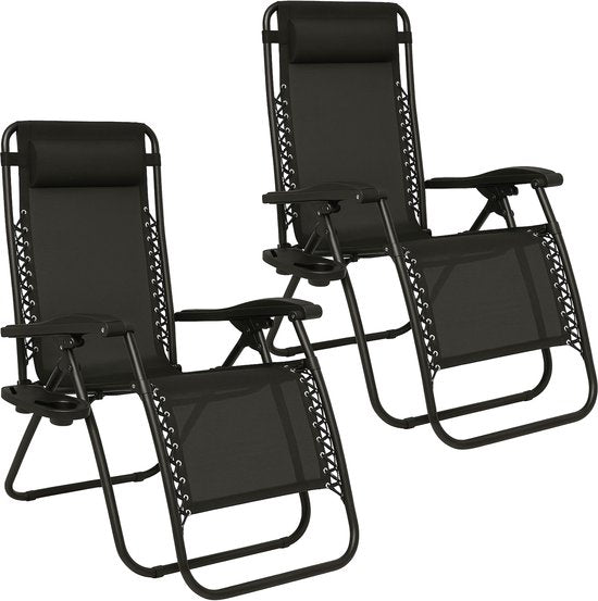 Lot de 2 chaises de jardin pliantes Brixy - Chaises longues - Pliantes - Réglables - Oreiller ergonomique - Métal - Textiline - Noir