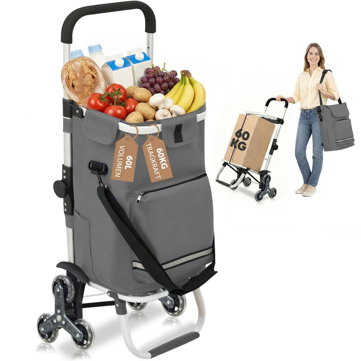 Chariot de courses Sekey avec fonction « montée d'escaliers », 60 L, gris, 36 x 42 x 98 cm