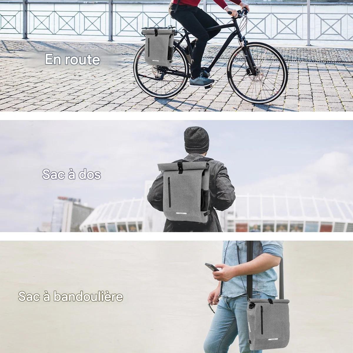 LifeGoods Sac de vélo - Compact - Sac à bandoulière et sac à dos - 25L - Porte-bagages ronds - Imperméable - Gris