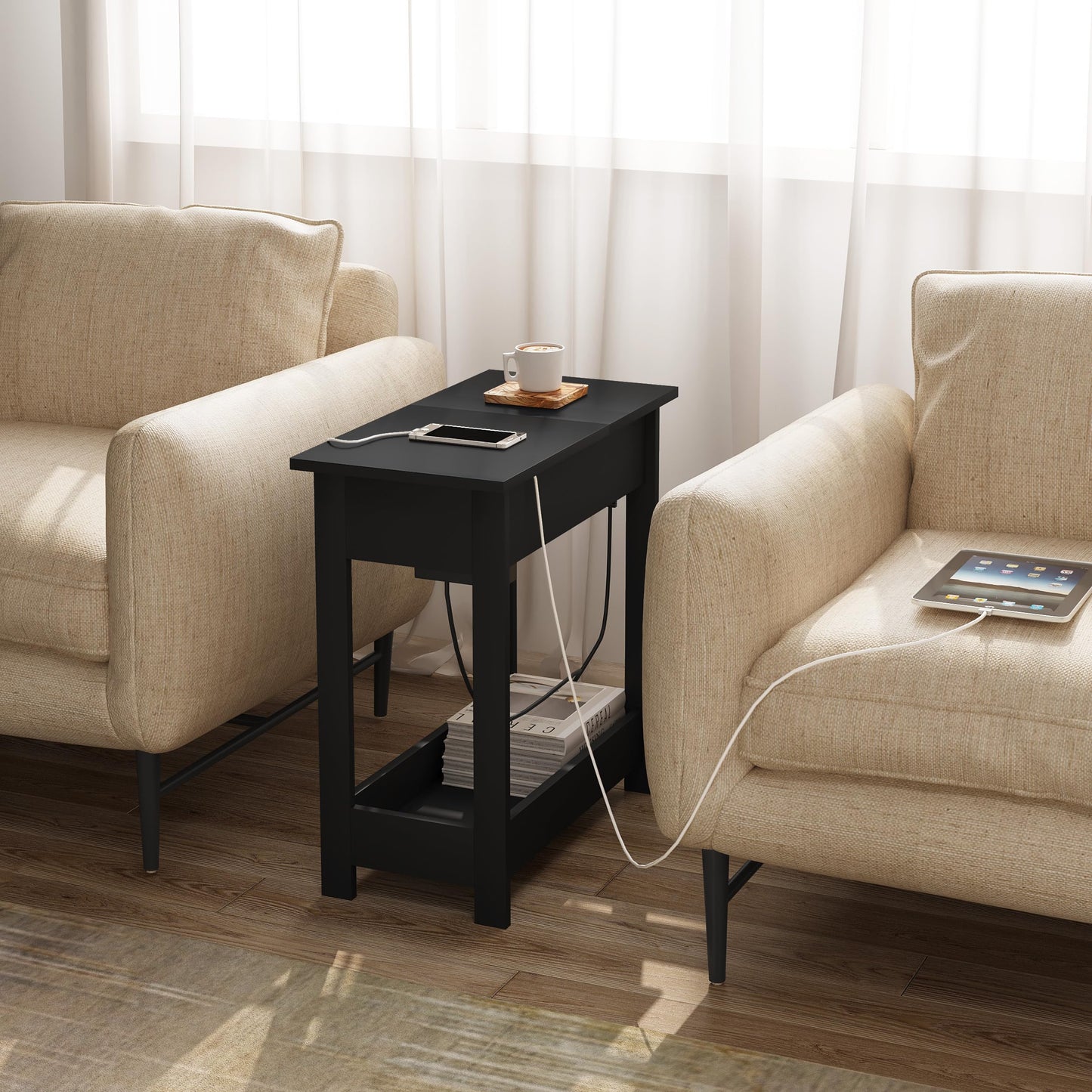 EUGAD 0002CHJ : table d'appoint avec prise électrique - plateau rabattable - 3 étagères de rangement - noir