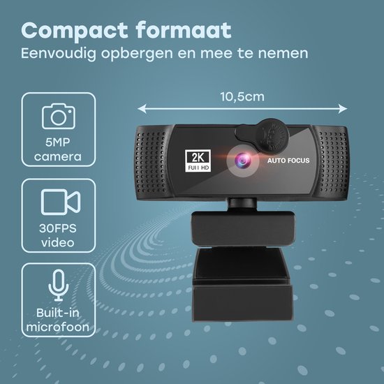 Audyn Webcam - 5MP - 2K Full HD - avec microphone - pour PC - avec housse et support - Caméra de streaming - Webcams