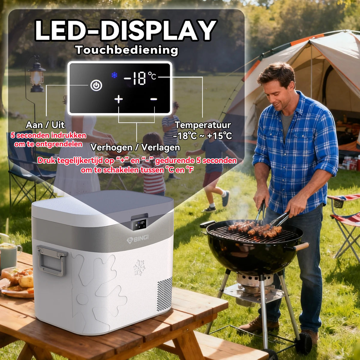 Glacière à compresseur Bingi 22 litres - Réfrigération et congélation de -18 à 15 °C - 12/24 V et 230 V - Pour voiture, camping-car et camping