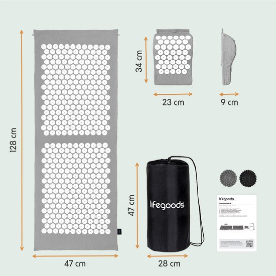 Tapis d'acupression XL LifeGoods - avec coussin - Tapis Shakti - Tapis pour ongles avec 2 balles pour points de déclenchement - 128x48x2cm - Gris/Blanc