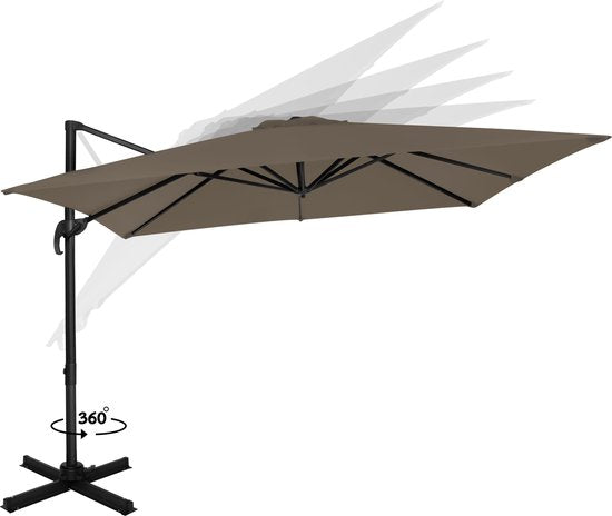 VONROC Premium Parasol flottant Pisogne 300x300cm - Base transversale et housse de protection incluses - Parasol carré - Rotation 360° - Inclinaison - Toile résistante aux UV - Taupe