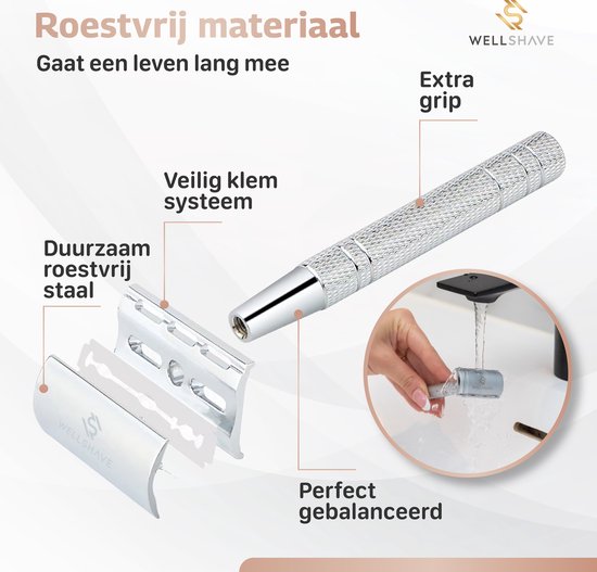 Wellshave Safety Razor Grey - Stainless Steel + 20 Razors - Women & Men - Razor - Safety Razor - Double Edge - Single Blade