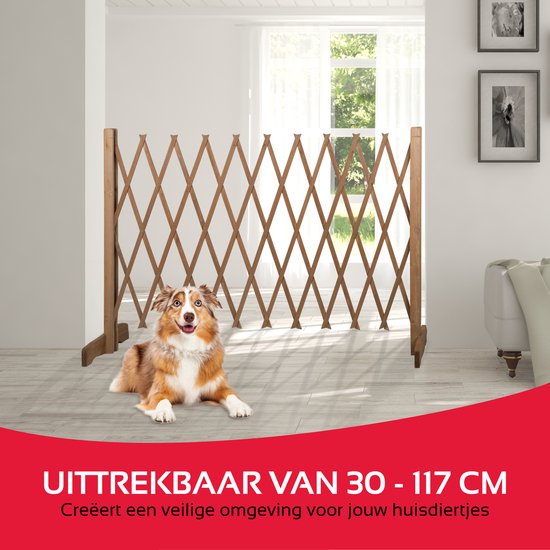 Barrière pour chiens extensible - Maxxpro -extensible de 30 à 117 cm - sans perçage - Barrière pour chiens intérieure et extérieure - Bois