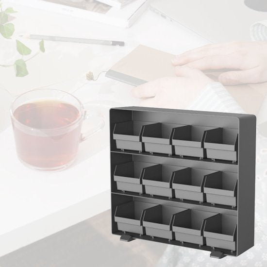 BRASQ Tea Organiser Black TB200 - Boîte à thé 12 compartiments - organiseur de cuisine - Boîte à thé - Porte-sachets de thé - Système de rangement peu encombrant
