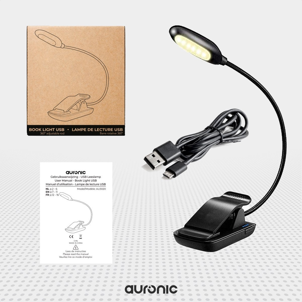Auronic Liseuse de livre - Liseuse rechargeable par USB avec pince - Sans fil - Dimmable - Ajustable - Flexible - Noir