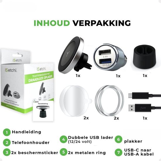 Support de téléphone iSetchi pour voiture avec chargeur sans fil (chargeur rapide 15 W, couleur argent) - Chargeur de voiture avec chargeur Quick Charge 12 V inclus - Magnétique