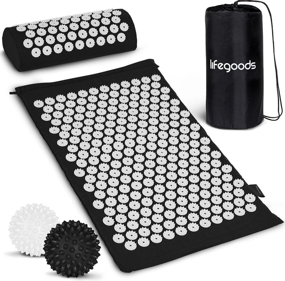 Tapis d'acupression avec coussin LifeGoods - Tapis Shakti - Tapis pour relaxation avec 2 balles - 66x40x2cm - Noir/Blanc