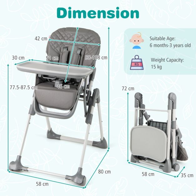 Chaise haute pliable Coast avec fonction d'inclinaison - Chaise haute réglable pour bébé avec harnais à 5 points, roulettes et plateau amovible - Gris