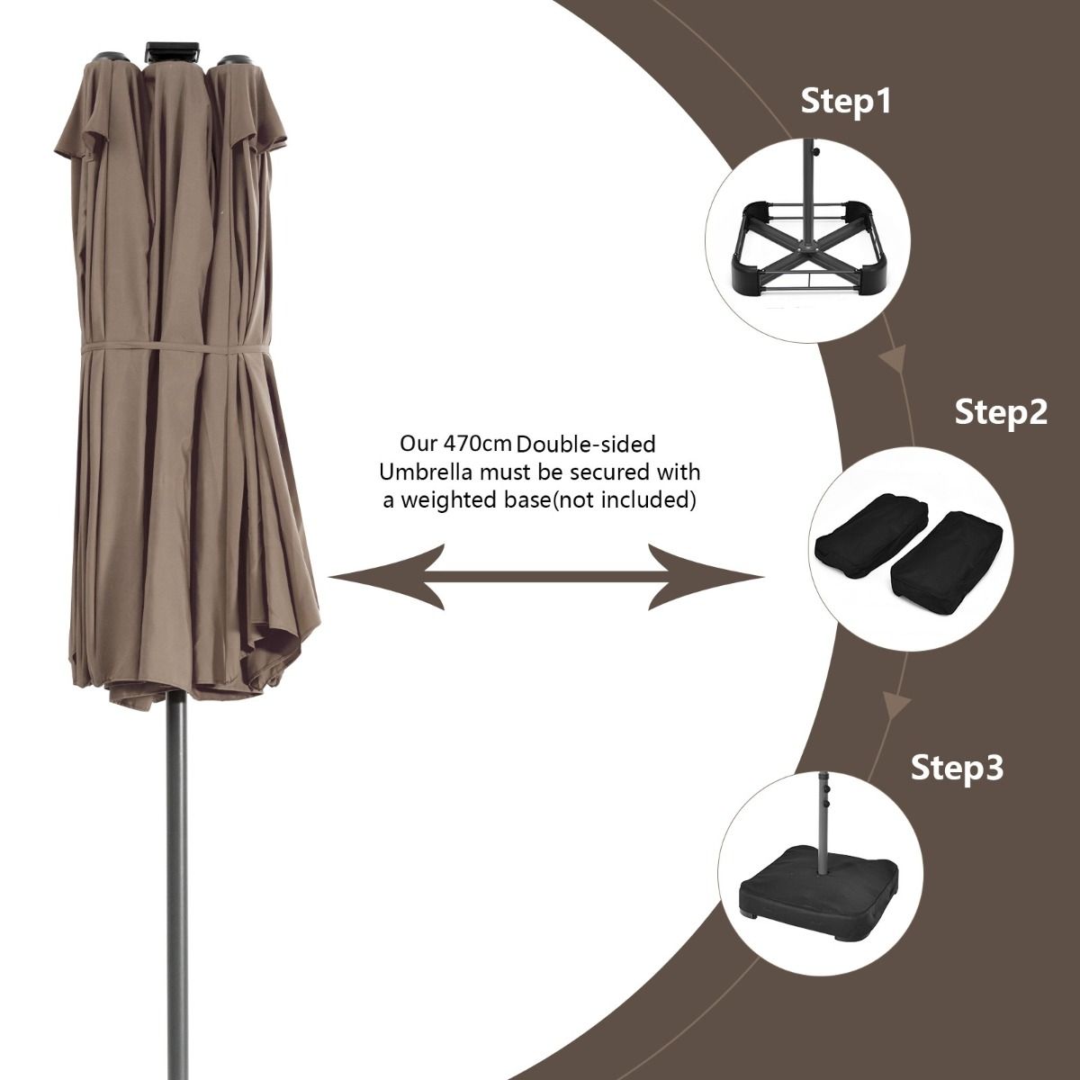 Parasol de terrasse double face Coast 470 x 280 cm - 48 LED avec panneau solaire - Système à manivelle - Marron