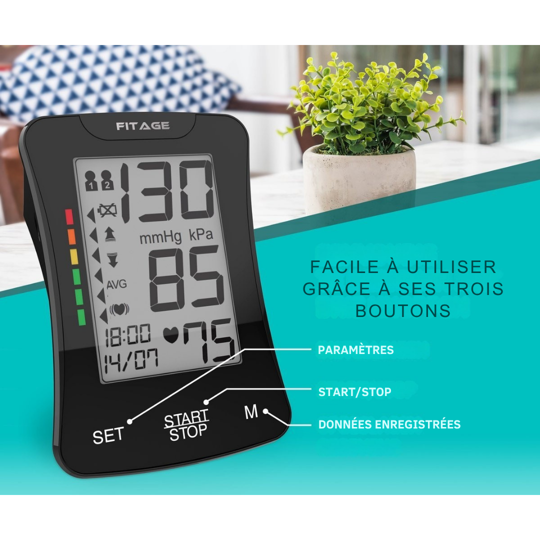 FITAGE - Tensiomètre médical -  Moniteur de Pression Artérielle - Fréquence Cardiaque - Brassard 22 à 42cm - Noir