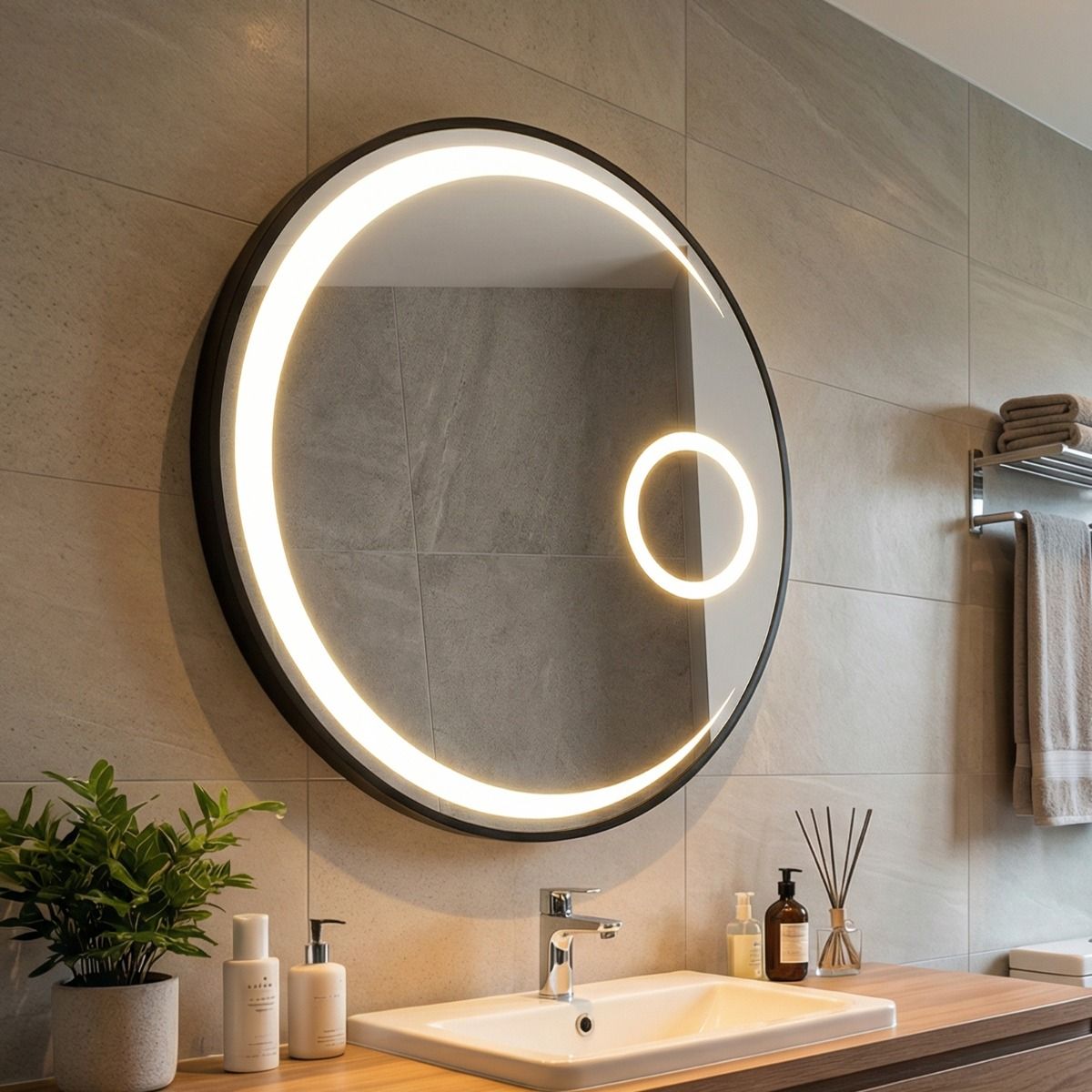Miroir de salle de bains rond Coast - Éclairage LED - Anti-buée - 61 cm Noir