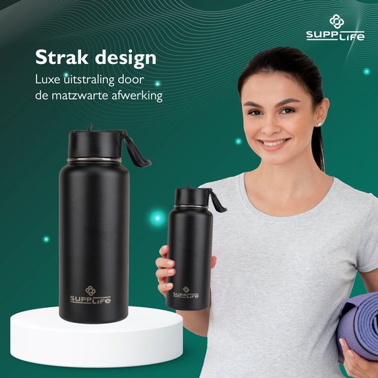 Supplife Luxe : bouteille isotherme / gourde en acier inoxydable - 1 litre - Sans BPA et étanche - Bouteille d'eau avec paille - Isolation à double paroi - Tasse isotherme - Bouchon verseur et bouchon avec paille - Brosse de nettoyage incluse - Noir