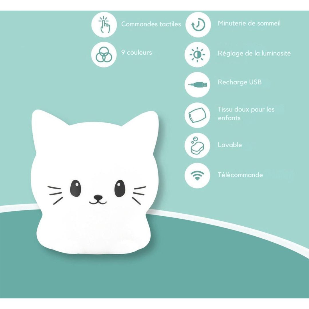 Veilleuse Chat pour enfants Sleepy Friends - 8 Couleurs - Rechargeable par USB - Dimmable - 95.2 x 97.4 x 100 mm - Gris
