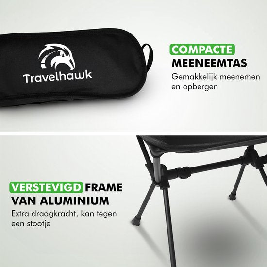 Travelhawk Chaise de camping - Chaise de plage - Chaise de plage pliable - Chaise de pêche - Chaise pliante - Pliable - Légère - Noire