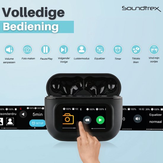 Écouteurs sans fil Soundtrex Display - Écouteurs Bluetooth - Écouteurs sans fil - Suppression active du bruit - Écran LED - Bluetooth 5.3 - Noir