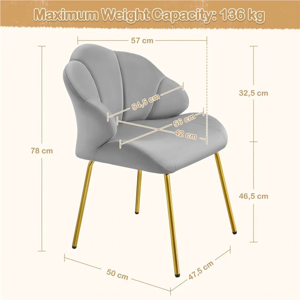 Chaise de salle à manger Yaheetech en forme de coquillage 56 x 57 x 78 cm - Gris clair - Chaise en velours avec pieds en métal