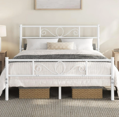 Cadre de lit en métal Yaheetech - Blanc - 206 x 142,5 x 88,5 cm - Matelas 140 x 200 cm - Avec sommier à lattes