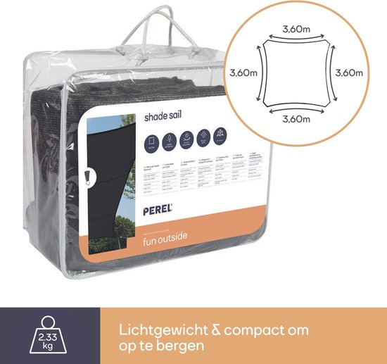 Voile d'ombrage - Perel - imperméable - 3,6 x 3,6 m, 180 g/m² - carré - gris foncé