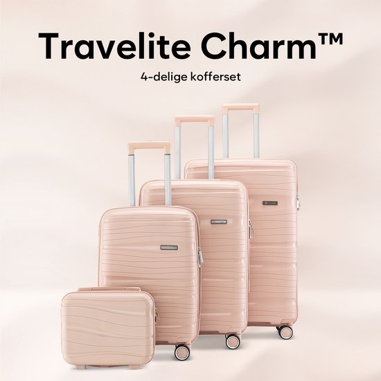 SKYCASES Travelin' Charm 4-Piece Trolley Set - Hand Luggage & Check-in Suitcases - 32L/60L/98L - Number Lock - 360° Noiseless Wheels - Lightweight & Sturdy - Modern Design - Light Pink V2