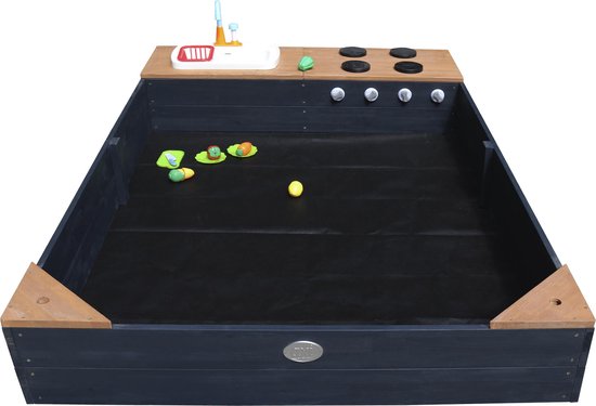 Bac à sable AXI Kelly avec cuisine jouet, anthracite/marron - Lavabo avec lot d'accessoires de 17 pièces - Bâche de protection et toile de sol incluses