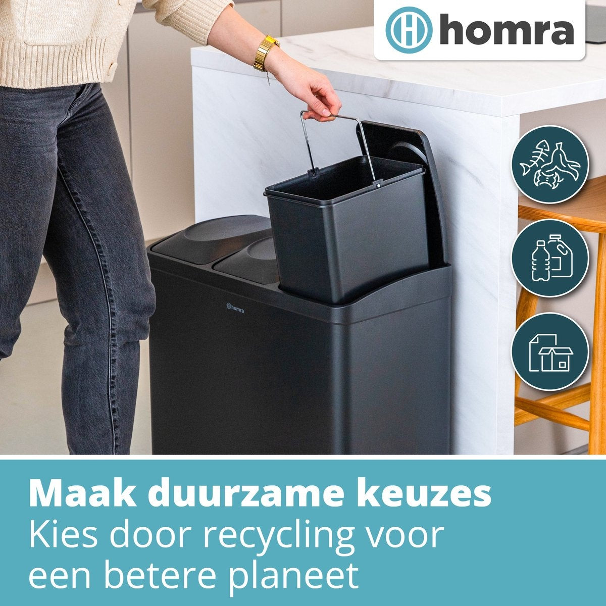Poubelle a 3 compartiments - Homra MAXER - Poubelle 60 litres (3x 20L) - Noir
