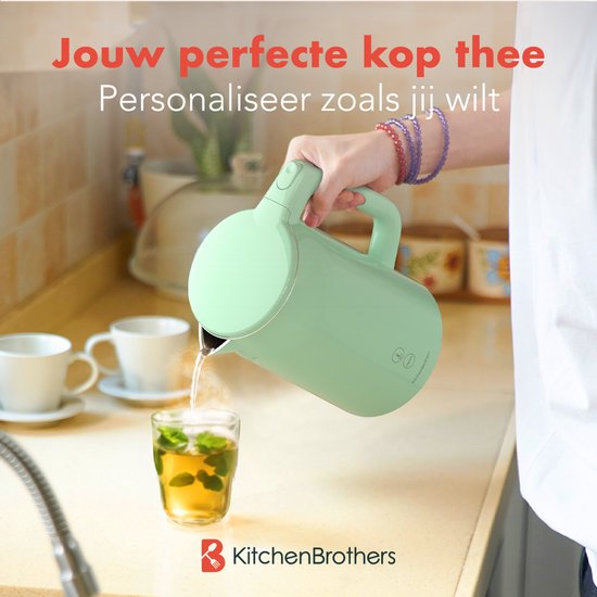 KitchenBrothers Bouilloire - 1,7L - Avec contrôle de la température - Électrique - Fonction maintien au chaud - Affichage - Double paroi - Cool-touch - 2200W - Vert pastel