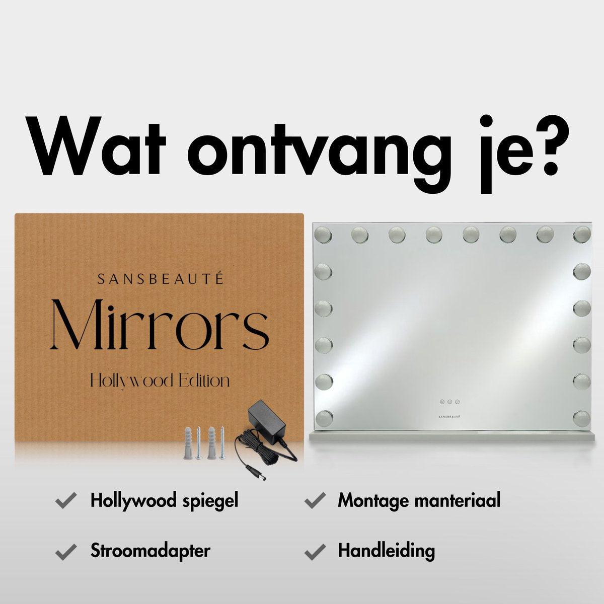 Sansbeauté® Hollywood Mirror 80x60 cm - Miroir de maquillage - 18 lampes LED - grossissement 10x - dimmable - port de charge USB - Touch Control - Bluetooth - Multi