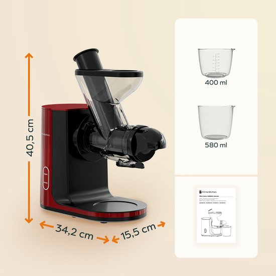 KitchenBrothers Slowjuicer - Presse-agrumes - Presse-légumes et fruits - Alimentation 43 mm et 60 mm - 400 ml - Rouge