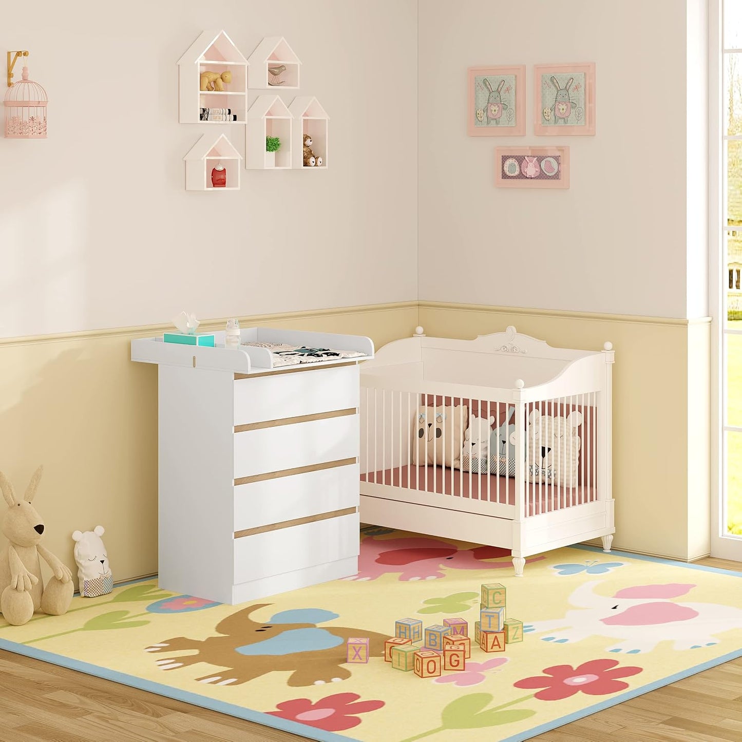 Commode pour bébé WOLTU avec planche à langer amovible – 4 tiroirs – Bois certifié FSC – Blanc