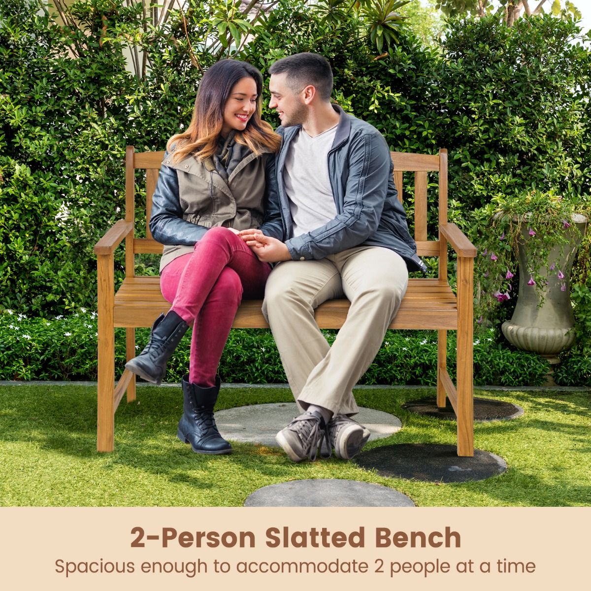 Banc de jardin Coast - Bois d'acacia massif - 2 places - Capacité de charge jusqu'à 360 kg - Finition naturelle - 110 x 56,5 x 86 cm