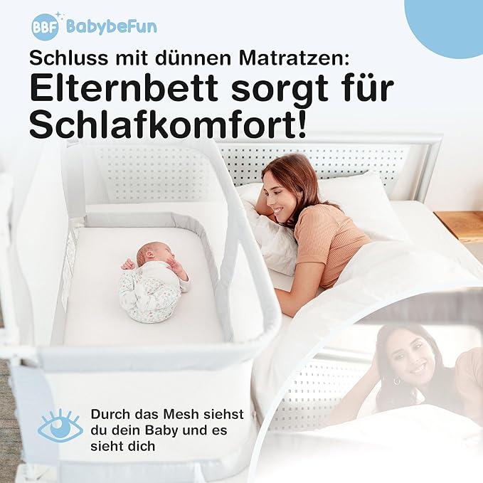 BabybeFun Lit de Bébé Co-Sleeper - 90x50 cm - Gris - Lit de Bébé sûr et confortable pour Boxspring et lit normal - Avec protection anti-retournement et protection anti-décrochage - Idéal pour l'allaitement