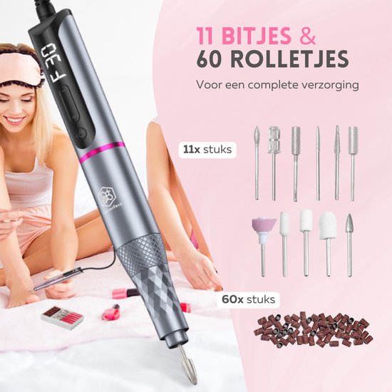 Beeperfect® Lime à ongles électrique sans fil édition Pro - Moulin à ongles - Ensemble manucure et pédicure - Rechargeable - 11 embouts et 60 rouleaux de ponçage - 30,000RPM