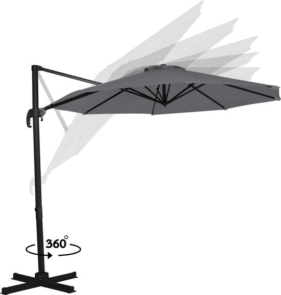 VONROC Premium Floating Parasol Bardolino Ø300cm - Base transversale et housse de protection incluses - Parasol rond - Orientable sur 360° - Inclinable - Toile résistante aux UV - Gris