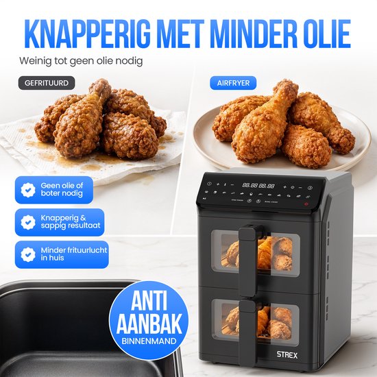 Strex Airfryer à double panier 11 L XXL, friteuse à air chaud 2 500 W - Airfryer à 2 paniers - Dual Basket - 13 programmes de cuisson - Grande friteuse à air chaud verticale pour toute la famille