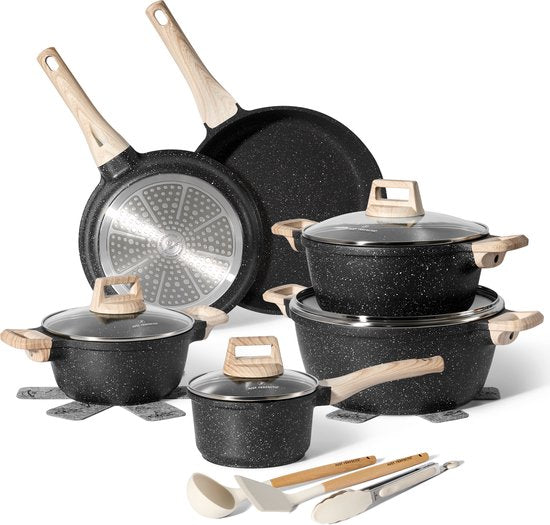Just Perfecto 15 Piece Induction Cookware Set - Black Cookware Set With Lid For Gas and Induction - PFAS free - Cold grips