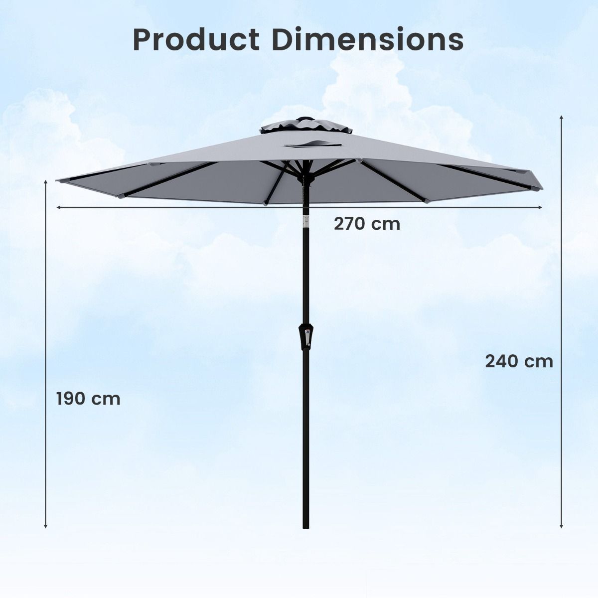 Coast Terrace Parasol 270 cm Grey - Parasol inclinable avec manivelle et toit ventilé