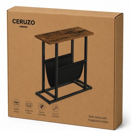 Table d'appoint Ceruzo avec porte-revues – Étroite – Noir et marron - H 55 cm