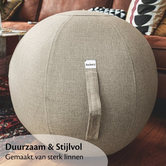 Backerz® Zitbal Kantoor en Thuis 65 CM - Luxe Yoga Bal - Zitballen met Hoes - Ergonomische Bureaustoel Bal - Linnen Zandgrijs