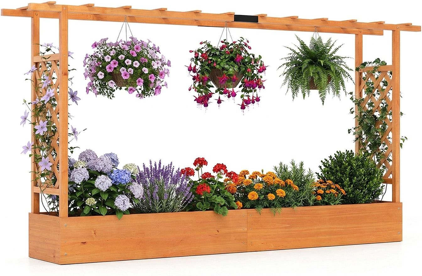Jardinière surélevée en bois Coast avec pergola - Orange - 220 x 35 x 114 cm