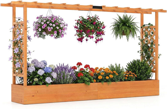 Jardinière surélevée en bois Coast avec pergola - Orange - 220 x 35 x 114 cm