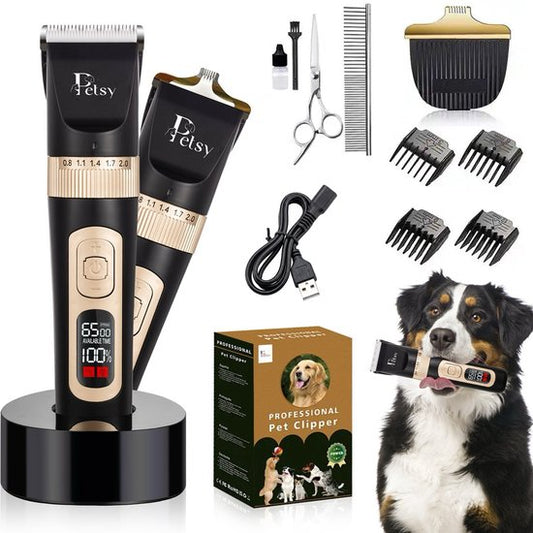Tondeuse professionnelle pour chiens Petsy - Tondeuse 2-en-1 pour animaux à poil épais - Silencieuse - Tondeuse pour chiens et chats - Tondeuse pour chiens - Station de recharge incluse