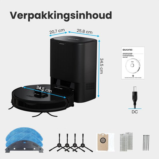 Auronic Robot Aspirateur - Avec fonction balayage - WiFi et App - Station de charge - Animaux domestiques - Robot balayeur - Navigation laser - Station de vidange automatique - Noir