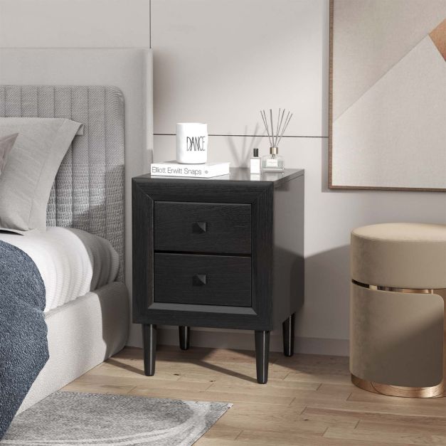 Coast Table de chevet avec 2 tiroirs - 45x40x62 cm - Noir - Pieds en hévéa massif